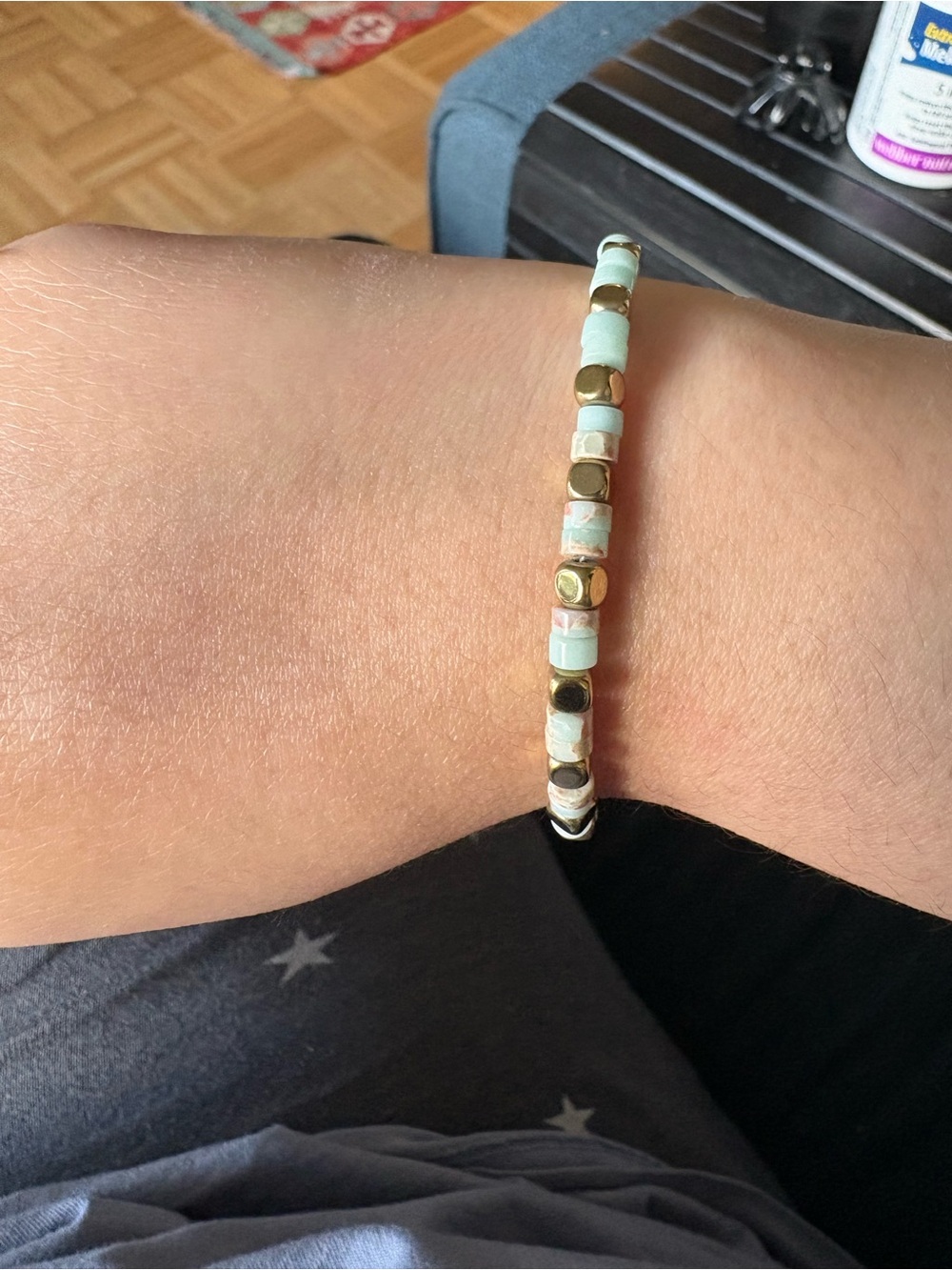 Beaded Gold Accent Mint Green Stretch Bracelet - Women Jewelry
